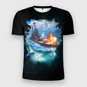 Мужская футболка 3D спортивная с принтом Корабль в Новосибирске, 100% полиэстер с улучшенными характеристиками | приталенный силуэт, круглая горловина, широкие плечи, сужается к линии бедра | 9 мая | вмф | вмф россии | военно морской флот | день победы | корабль | море | россия