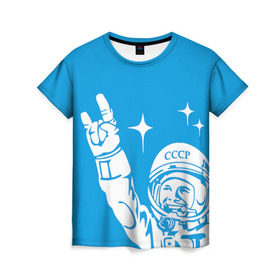 Женская футболка 3D с принтом Гагарин 2 в Новосибирске, 100% полиэфир ( синтетическое хлопкоподобное полотно) | прямой крой, круглый вырез горловины, длина до линии бедер | гагарин | день космонавтики | звезды | космос