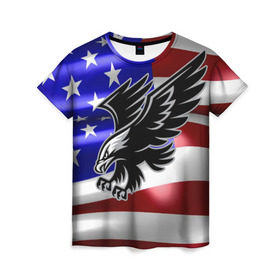 Женская футболка 3D с принтом Флаг США с орлом в Новосибирске, 100% полиэфир ( синтетическое хлопкоподобное полотно) | прямой крой, круглый вырез горловины, длина до линии бедер | usa | америка | белоголовый | герб | государство | доллар | дядя сэм | звездно полосатый флаг | лысый | нато | оон | орел | птица | свобода | символ | соединённые штаты америки | страна | сша | штат