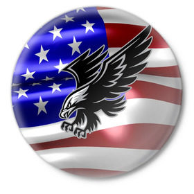 Значок с принтом Флаг США с орлом в Новосибирске,  металл | круглая форма, металлическая застежка в виде булавки | usa | америка | белоголовый | герб | государство | доллар | дядя сэм | звездно полосатый флаг | лысый | нато | оон | орел | птица | свобода | символ | соединённые штаты америки | страна | сша | штат