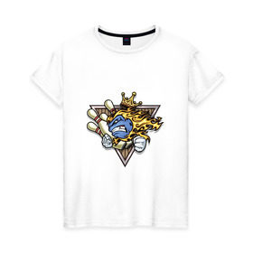 Женская футболка хлопок с принтом Король боулинга в Новосибирске, 100% хлопок | прямой крой, круглый вырез горловины, длина до линии бедер, слегка спущенное плечо | Тематика изображения на принте: боулинг | кегли | корона | огонь | пламя | шар