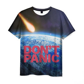 Мужская футболка 3D с принтом Без паники, метеорит в Новосибирске, 100% полиэфир | прямой крой, круглый вырез горловины, длина до линии бедер | Тематика изображения на принте: do not panic | dont panic | апокалипсис | без паники | взрыв | гибель | земля | классная | комета | конец света | космос | крутая | метеорит | не надо | прикол | прикольная надпись | ужас