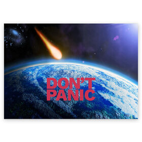 Поздравительная открытка с принтом Без паники, метеорит в Новосибирске, 100% бумага | плотность бумаги 280 г/м2, матовая, на обратной стороне линовка и место для марки
 | Тематика изображения на принте: do not panic | dont panic | апокалипсис | без паники | взрыв | гибель | земля | классная | комета | конец света | космос | крутая | метеорит | не надо | прикол | прикольная надпись | ужас