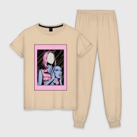 Женская пижама хлопок с принтом Без лица в Новосибирске, 100% хлопок | брюки и футболка прямого кроя, без карманов, на брюках мягкая резинка на поясе и по низу штанин | без лица | девушка | лицо в руках | розовые волосы