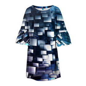Детское платье 3D с принтом 3D куб в Новосибирске, 100% полиэстер | прямой силуэт, чуть расширенный к низу. Круглая горловина, на рукавах — воланы | абстракция | геометрия | квадраты | металлический | синие | стальные | текстура | фигуры