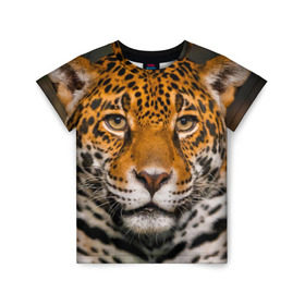 Детская футболка 3D с принтом Jaguar в Новосибирске, 100% гипоаллергенный полиэфир | прямой крой, круглый вырез горловины, длина до линии бедер, чуть спущенное плечо, ткань немного тянется | Тематика изображения на принте: глаза | дикая кошка | кошка | леопард | сафари | хищник | ягуар