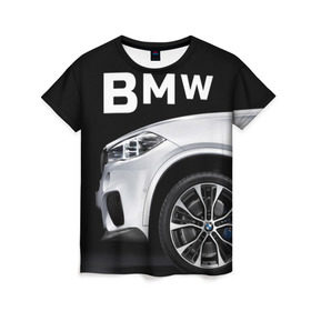 Женская футболка 3D с принтом BMW белая в Новосибирске, 100% полиэфир ( синтетическое хлопкоподобное полотно) | прямой крой, круглый вырез горловины, длина до линии бедер | bmw | x3 x4 x5 x6 x7 x8 | авто | автомобиль | блатная | бмв | бумер | бэха | иномарка | концерн | красивая | крутая | марка немецкая | машина | пацанский таз | прикольная | тачила | тачка