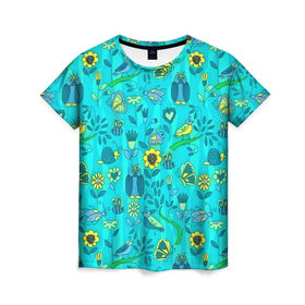 Женская футболка 3D с принтом Flowers and birds в Новосибирске, 100% полиэфир ( синтетическое хлопкоподобное полотно) | прямой крой, круглый вырез горловины, длина до линии бедер | 3d | бабочки | другие | насекомые | прикольные | птицы | растения | сова | текстуры | узор | цветные | цветы | яркие