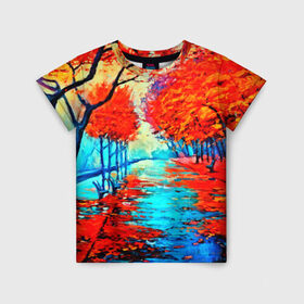 Детская футболка 3D с принтом Autumn в Новосибирске, 100% гипоаллергенный полиэфир | прямой крой, круглый вырез горловины, длина до линии бедер, чуть спущенное плечо, ткань немного тянется | 3d | вода | деревья | другие | желтый | живопись | картинка | краски | листья | осень | пейзаж | прикольные | природа | река | рисунок | яркие