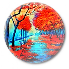 Значок с принтом Autumn в Новосибирске,  металл | круглая форма, металлическая застежка в виде булавки | 3d | вода | деревья | другие | желтый | живопись | картинка | краски | листья | осень | пейзаж | прикольные | природа | река | рисунок | яркие