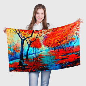 Флаг 3D с принтом Autumn в Новосибирске, 100% полиэстер | плотность ткани — 95 г/м2, размер — 67 х 109 см. Принт наносится с одной стороны | 3d | вода | деревья | другие | желтый | живопись | картинка | краски | листья | осень | пейзаж | прикольные | природа | река | рисунок | яркие