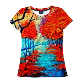 Женская футболка 3D с принтом Autumn в Новосибирске, 100% полиэфир ( синтетическое хлопкоподобное полотно) | прямой крой, круглый вырез горловины, длина до линии бедер | 3d | вода | деревья | другие | желтый | живопись | картинка | краски | листья | осень | пейзаж | прикольные | природа | река | рисунок | яркие