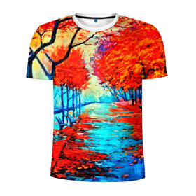 Мужская футболка 3D спортивная с принтом Autumn в Новосибирске, 100% полиэстер с улучшенными характеристиками | приталенный силуэт, круглая горловина, широкие плечи, сужается к линии бедра | 3d | вода | деревья | другие | желтый | живопись | картинка | краски | листья | осень | пейзаж | прикольные | природа | река | рисунок | яркие