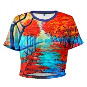 Женская футболка 3D укороченная с принтом Autumn в Новосибирске, 100% полиэстер | круглая горловина, длина футболки до линии талии, рукава с отворотами | 3d | вода | деревья | другие | желтый | живопись | картинка | краски | листья | осень | пейзаж | прикольные | природа | река | рисунок | яркие