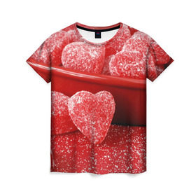 Женская футболка 3D с принтом Мармеладные сердца в Новосибирске, 100% полиэфир ( синтетическое хлопкоподобное полотно) | прямой крой, круглый вырез горловины, длина до линии бедер | еда | конфеты | красный | мармелад | сердечки | сладости