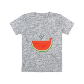 Детская футболка хлопок с принтом Кит Арбуз в Новосибирске, 100% хлопок | круглый вырез горловины, полуприлегающий силуэт, длина до линии бедер | Тематика изображения на принте: арбуз | иллюзия | кит | лето | море | океан | принт | рыба | семечки | фонтан | фрукты | ягоды