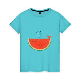Женская футболка хлопок с принтом Кит Арбуз в Новосибирске, 100% хлопок | прямой крой, круглый вырез горловины, длина до линии бедер, слегка спущенное плечо | арбуз | иллюзия | кит | лето | море | океан | принт | рыба | семечки | фонтан | фрукты | ягоды