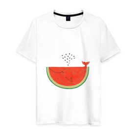 Мужская футболка хлопок с принтом Кит Арбуз в Новосибирске, 100% хлопок | прямой крой, круглый вырез горловины, длина до линии бедер, слегка спущенное плечо. | арбуз | иллюзия | кит | лето | море | океан | принт | рыба | семечки | фонтан | фрукты | ягоды