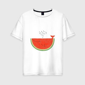 Женская футболка хлопок Oversize с принтом Кит Арбуз в Новосибирске, 100% хлопок | свободный крой, круглый ворот, спущенный рукав, длина до линии бедер
 | Тематика изображения на принте: арбуз | иллюзия | кит | лето | море | океан | принт | рыба | семечки | фонтан | фрукты | ягоды