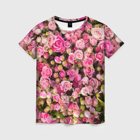 Женская футболка 3D с принтом Розовый рай в Новосибирске, 100% полиэфир ( синтетическое хлопкоподобное полотно) | прямой крой, круглый вырез горловины, длина до линии бедер | бутон | лепестки | роза | розовый | розочка | цветок | цветы