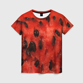 Женская футболка 3D с принтом Арбуз 3 в Новосибирске, 100% полиэфир ( синтетическое хлопкоподобное полотно) | прямой крой, круглый вырез горловины, длина до линии бедер | арбуз | еда | косточки | красный | растения | фрукты | ягода