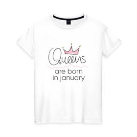 Женская футболка хлопок с принтом Королевы рождаются в январе в Новосибирске, 100% хлопок | прямой крой, круглый вырез горловины, длина до линии бедер, слегка спущенное плечо | Тематика изображения на принте: queen january
