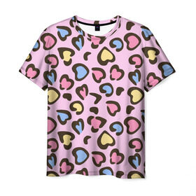 Мужская футболка 3D с принтом Леопардовые сердечки в Новосибирске, 100% полиэфир | прямой крой, круглый вырез горловины, длина до линии бедер | животные | леопард | леопардовый | принт | розовый | сердечко | сердце | текстура