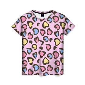 Женская футболка 3D с принтом Леопардовые сердечки в Новосибирске, 100% полиэфир ( синтетическое хлопкоподобное полотно) | прямой крой, круглый вырез горловины, длина до линии бедер | животные | леопард | леопардовый | принт | розовый | сердечко | сердце | текстура
