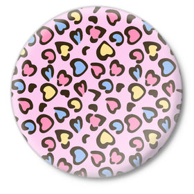 Значок с принтом Леопардовые сердечки в Новосибирске,  металл | круглая форма, металлическая застежка в виде булавки | Тематика изображения на принте: животные | леопард | леопардовый | принт | розовый | сердечко | сердце | текстура