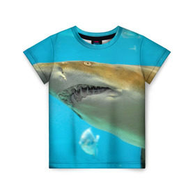 Детская футболка 3D с принтом Тигровая акула в Новосибирске, 100% гипоаллергенный полиэфир | прямой крой, круглый вырез горловины, длина до линии бедер, чуть спущенное плечо, ткань немного тянется | Тематика изображения на принте: голубое море | океан | рыба