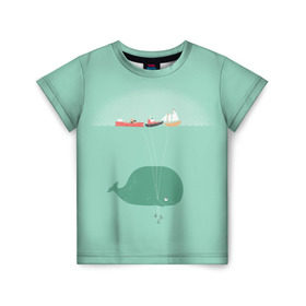 Детская футболка 3D с принтом Кит с корабликами в Новосибирске, 100% гипоаллергенный полиэфир | прямой крой, круглый вырез горловины, длина до линии бедер, чуть спущенное плечо, ткань немного тянется | Тематика изображения на принте: кит | корабли | лодки | море | океан | шарики | якорь | якоря