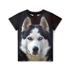 Детская футболка 3D с принтом Хаски в Новосибирске, 100% гипоаллергенный полиэфир | прямой крой, круглый вырез горловины, длина до линии бедер, чуть спущенное плечо, ткань немного тянется | Тематика изображения на принте: dog | лабрадор | мопс | пес | собака | такса | хаски | щеночек