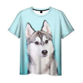 Мужская футболка 3D с принтом Blue в Новосибирске, 100% полиэфир | прямой крой, круглый вырез горловины, длина до линии бедер | Тематика изображения на принте: dog | бандит | пес | собака | хаски | хаски бандит | щеночек