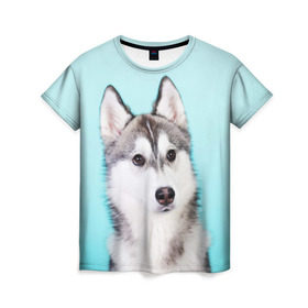 Женская футболка 3D с принтом Blue в Новосибирске, 100% полиэфир ( синтетическое хлопкоподобное полотно) | прямой крой, круглый вырез горловины, длина до линии бедер | dog | бандит | пес | собака | хаски | хаски бандит | щеночек