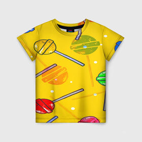 Детская футболка 3D с принтом Леденец в Новосибирске, 100% гипоаллергенный полиэфир | прямой крой, круглый вырез горловины, длина до линии бедер, чуть спущенное плечо, ткань немного тянется | Тематика изображения на принте: желтая | чупа чупс | яркая | ярт