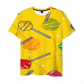 Мужская футболка 3D с принтом Леденец в Новосибирске, 100% полиэфир | прямой крой, круглый вырез горловины, длина до линии бедер | желтая | чупа чупс | яркая | ярт