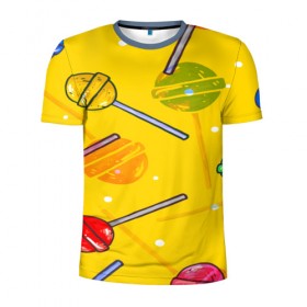Мужская футболка 3D спортивная с принтом Леденец в Новосибирске, 100% полиэстер с улучшенными характеристиками | приталенный силуэт, круглая горловина, широкие плечи, сужается к линии бедра | желтая | чупа чупс | яркая | ярт