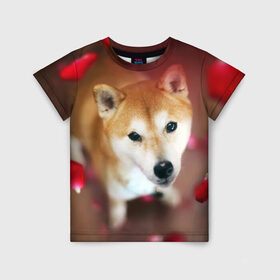 Детская футболка 3D с принтом Love в Новосибирске, 100% гипоаллергенный полиэфир | прямой крой, круглый вырез горловины, длина до линии бедер, чуть спущенное плечо, ткань немного тянется | Тематика изображения на принте: dog | ину | пес | сиба | сиба ину | собака