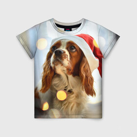 Детская футболка 3D с принтом Рождество в Новосибирске, 100% гипоаллергенный полиэфир | прямой крой, круглый вырез горловины, длина до линии бедер, чуть спущенное плечо, ткань немного тянется | dog | кавалер кинг чарльз спаниель | новый год | пес | рождество | собака