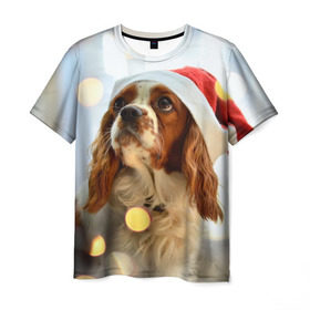 Мужская футболка 3D с принтом Рождество в Новосибирске, 100% полиэфир | прямой крой, круглый вырез горловины, длина до линии бедер | dog | кавалер кинг чарльз спаниель | новый год | пес | рождество | собака