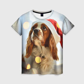 Женская футболка 3D с принтом Рождество в Новосибирске, 100% полиэфир ( синтетическое хлопкоподобное полотно) | прямой крой, круглый вырез горловины, длина до линии бедер | dog | кавалер кинг чарльз спаниель | новый год | пес | рождество | собака