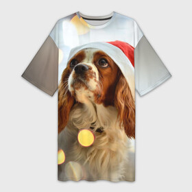 Платье-футболка 3D с принтом Рождество в Новосибирске,  |  | Тематика изображения на принте: dog | кавалер кинг чарльз спаниель | новый год | пес | рождество | собака