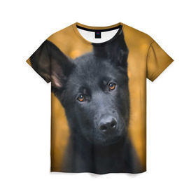 Женская футболка 3D с принтом Doggy в Новосибирске, 100% полиэфир ( синтетическое хлопкоподобное полотно) | прямой крой, круглый вырез горловины, длина до линии бедер | dog | овчарка | пес | собака | черная овчарка | щеночек