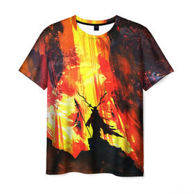 Мужская футболка 3D с принтом Колдун в Новосибирске, 100% полиэфир | прямой крой, круглый вырез горловины, длина до линии бедер | волшебник | вулкан | горы | камни | копьё | лава | огонь | пламя | рога | фантастика | шаман