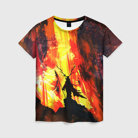Женская футболка 3D с принтом Колдун в Новосибирске, 100% полиэфир ( синтетическое хлопкоподобное полотно) | прямой крой, круглый вырез горловины, длина до линии бедер | волшебник | вулкан | горы | камни | копьё | лава | огонь | пламя | рога | фантастика | шаман