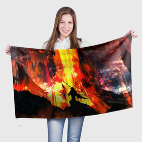 Флаг 3D с принтом Колдун в Новосибирске, 100% полиэстер | плотность ткани — 95 г/м2, размер — 67 х 109 см. Принт наносится с одной стороны | волшебник | вулкан | горы | камни | копьё | лава | огонь | пламя | рога | фантастика | шаман
