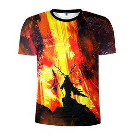 Мужская футболка 3D спортивная с принтом Колдун в Новосибирске, 100% полиэстер с улучшенными характеристиками | приталенный силуэт, круглая горловина, широкие плечи, сужается к линии бедра | волшебник | вулкан | горы | камни | копьё | лава | огонь | пламя | рога | фантастика | шаман