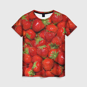Женская футболка 3D с принтом Клубничка в Новосибирске, 100% полиэфир ( синтетическое хлопкоподобное полотно) | прямой крой, круглый вырез горловины, длина до линии бедер | еда | клубника | красный | сладкое | текстура | фрукты | ягоды