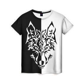 Женская футболка 3D с принтом Двуликий волк в Новосибирске, 100% полиэфир ( синтетическое хлопкоподобное полотно) | прямой крой, круглый вырез горловины, длина до линии бедер | монохромный | тату | черно белый