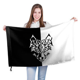 Флаг 3D с принтом Двуликий волк в Новосибирске, 100% полиэстер | плотность ткани — 95 г/м2, размер — 67 х 109 см. Принт наносится с одной стороны | монохромный | тату | черно белый